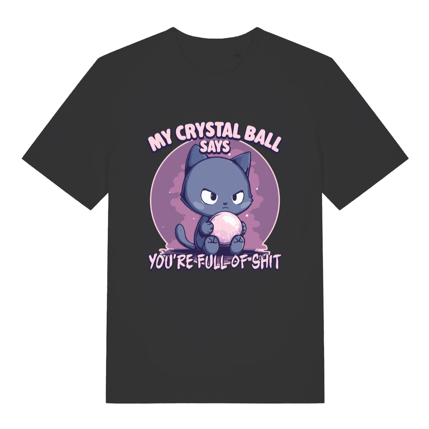 Black women's Crystal Ball T-shirt flat lay with funny grumpy cat "You're Full of Shit" graphic