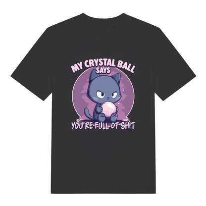 Black women's Crystal Ball T-shirt flat lay with funny grumpy cat "You're Full of Shit" graphic
