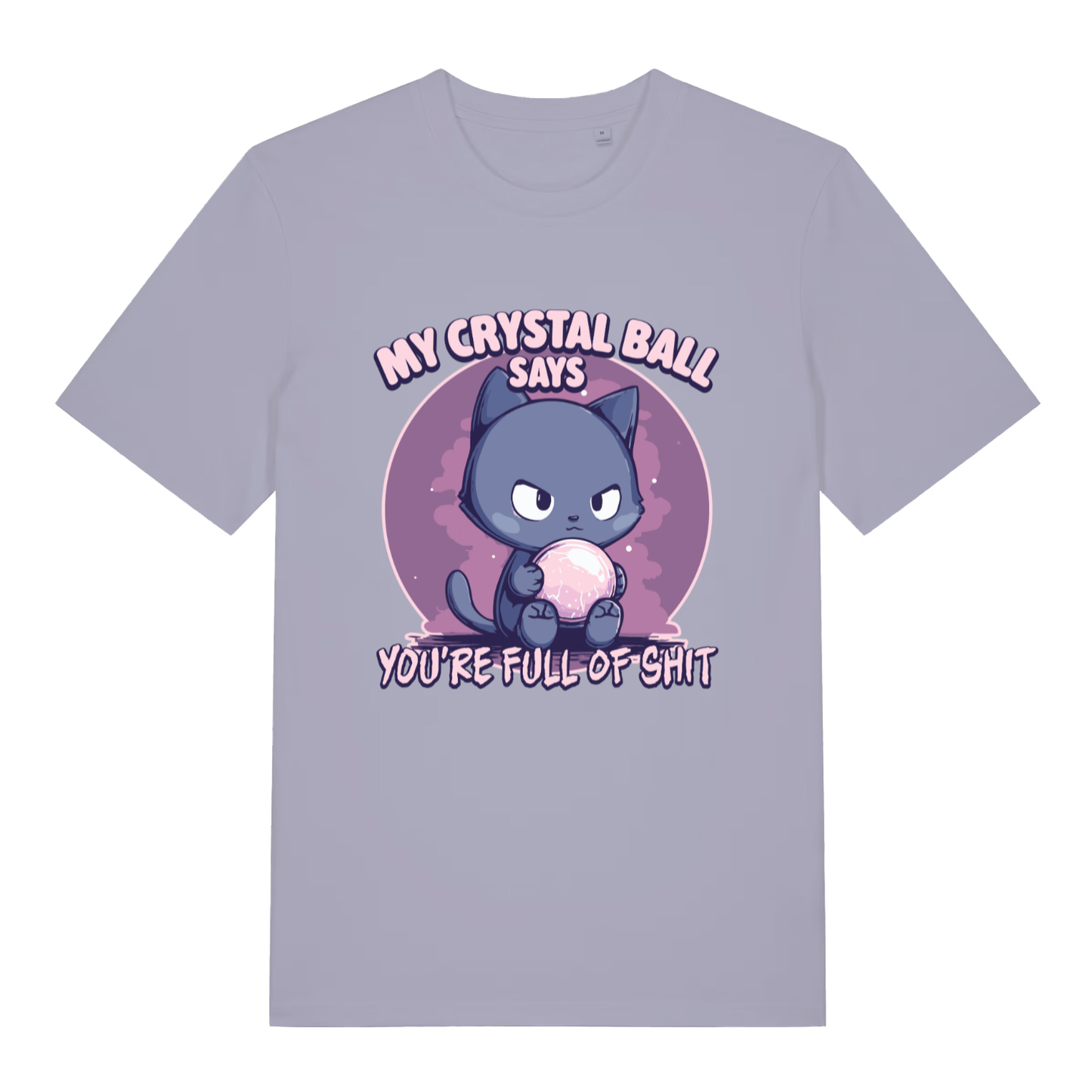 Lavender women's Crystal Ball T-shirt flat lay featuring sassy cat crystal ball pun design
