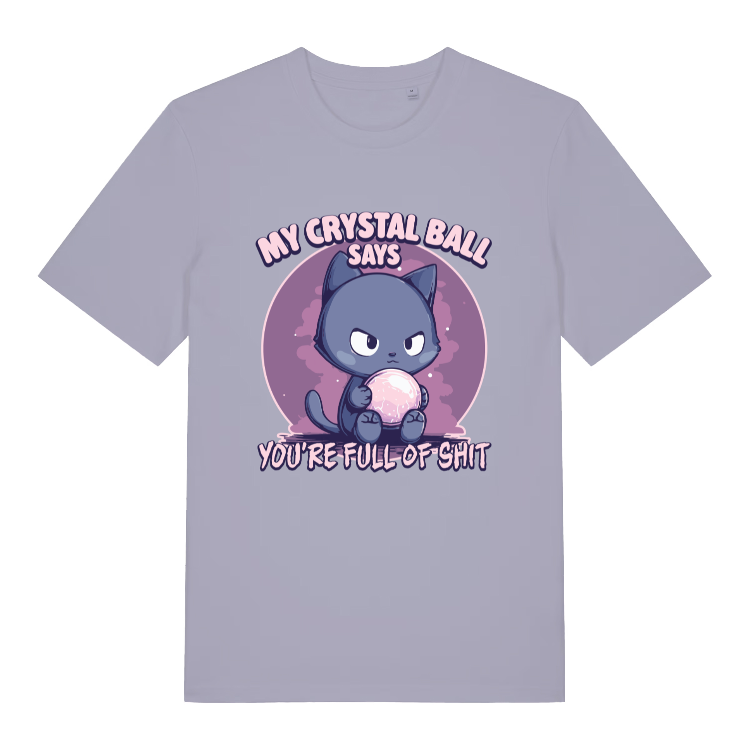 Lavender women's Crystal Ball T-shirt flat lay featuring sassy cat crystal ball pun design