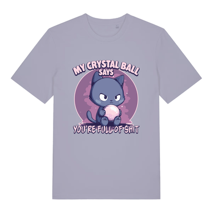 Lavender women's Crystal Ball T-shirt flat lay featuring sassy cat crystal ball pun design