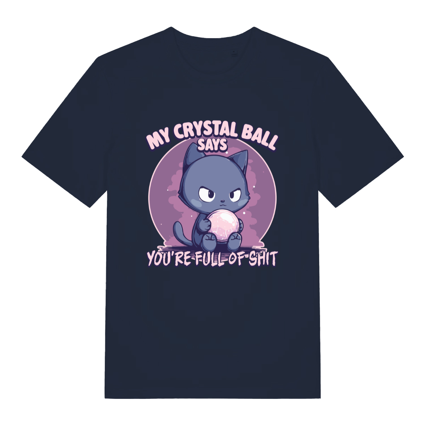 Navy women's Crystal Ball T-shirt flat lay showing bold "My Crystal Ball Says" illustration