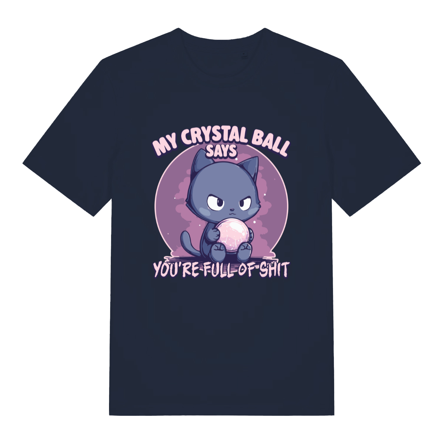 Navy women's Crystal Ball T-shirt flat lay showing bold "My Crystal Ball Says" illustration