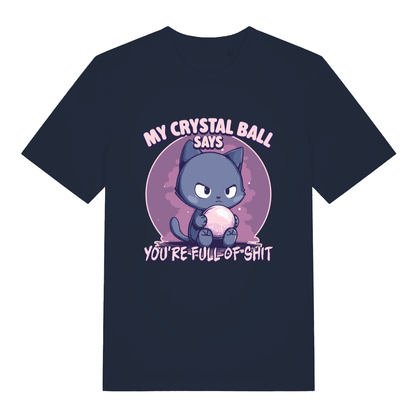 Navy women's Crystal Ball T-shirt flat lay showing bold "My Crystal Ball Says" illustration