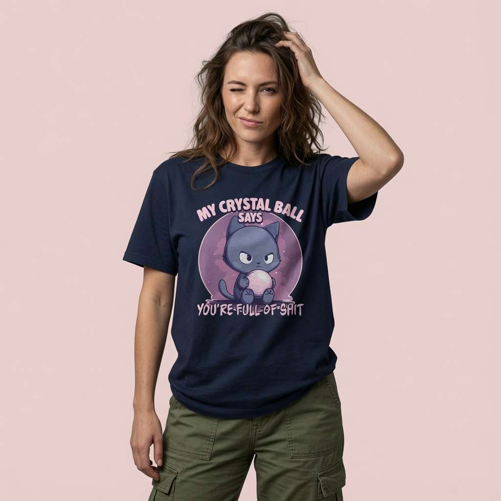 Woman in navy My Crystal Ball Says You're Full of Shit tee, ladies funny sarcastic cat gift