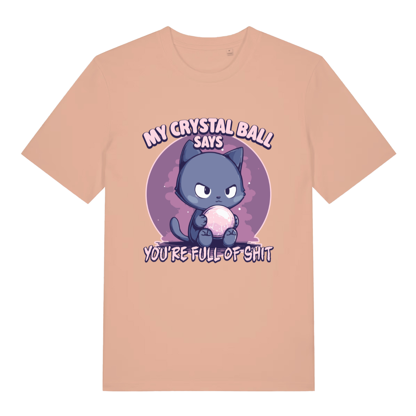 Peach women's Crystal Ball T-shirt flat lay with cheeky grumpy cat fortune teller graphic