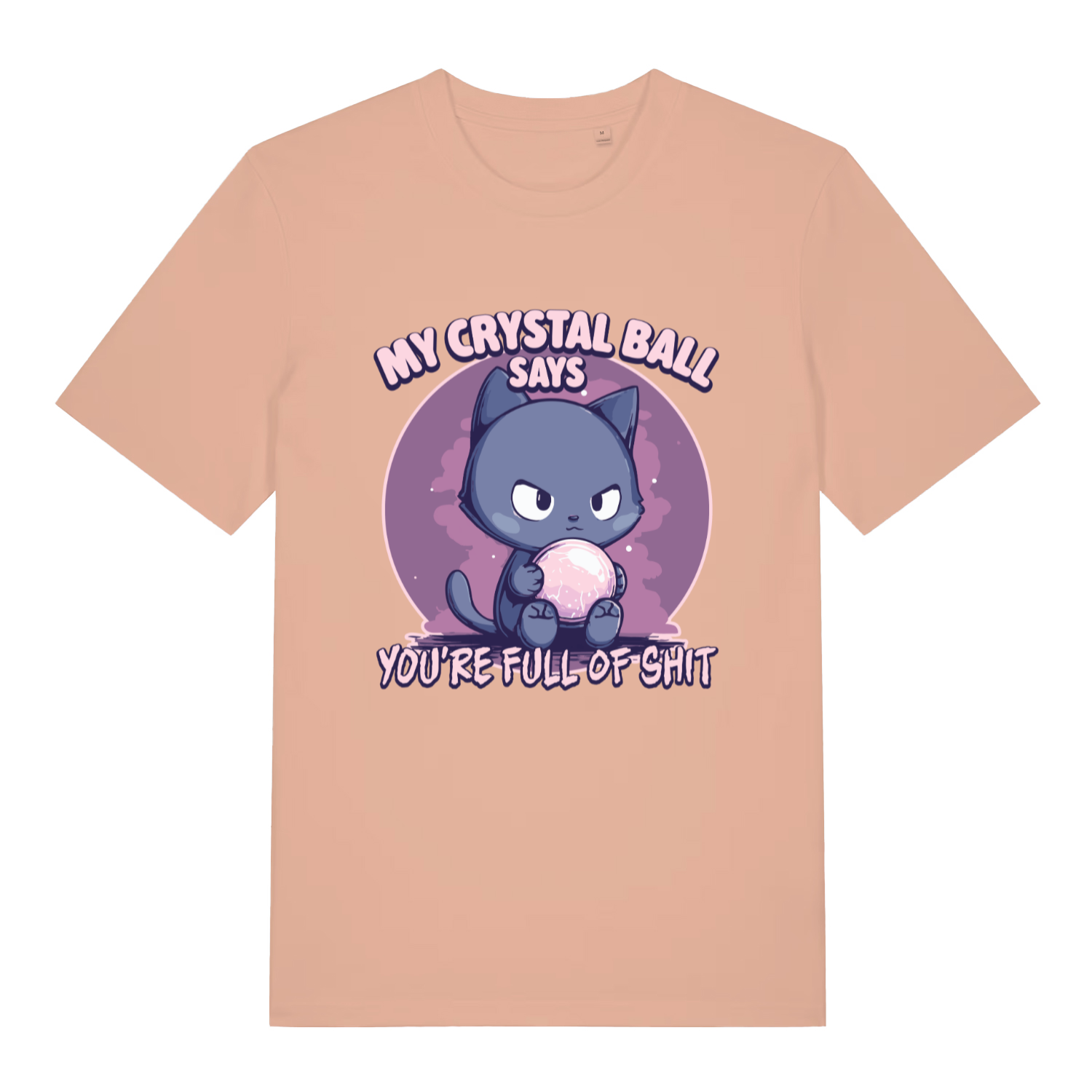 Peach women's Crystal Ball T-shirt flat lay with cheeky grumpy cat fortune teller graphic