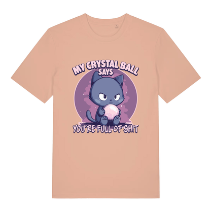 Peach women's Crystal Ball T-shirt flat lay with cheeky grumpy cat fortune teller graphic