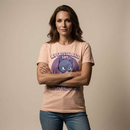 Woman in peach My Crystal Ball Says You're Full of Shit t-shirt, funny sarcastic ladies cat shirt