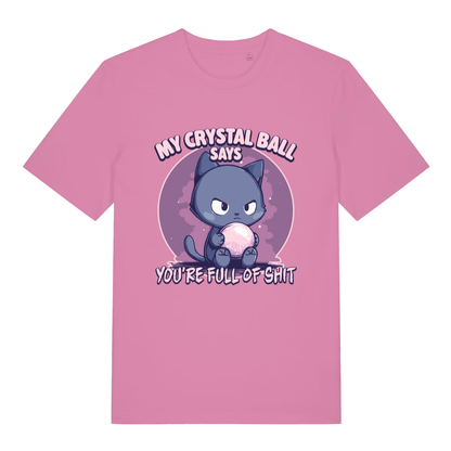 Pink women's Crystal Ball T-shirt flat lay displaying humorous cat "You're Full of Shit" slogan