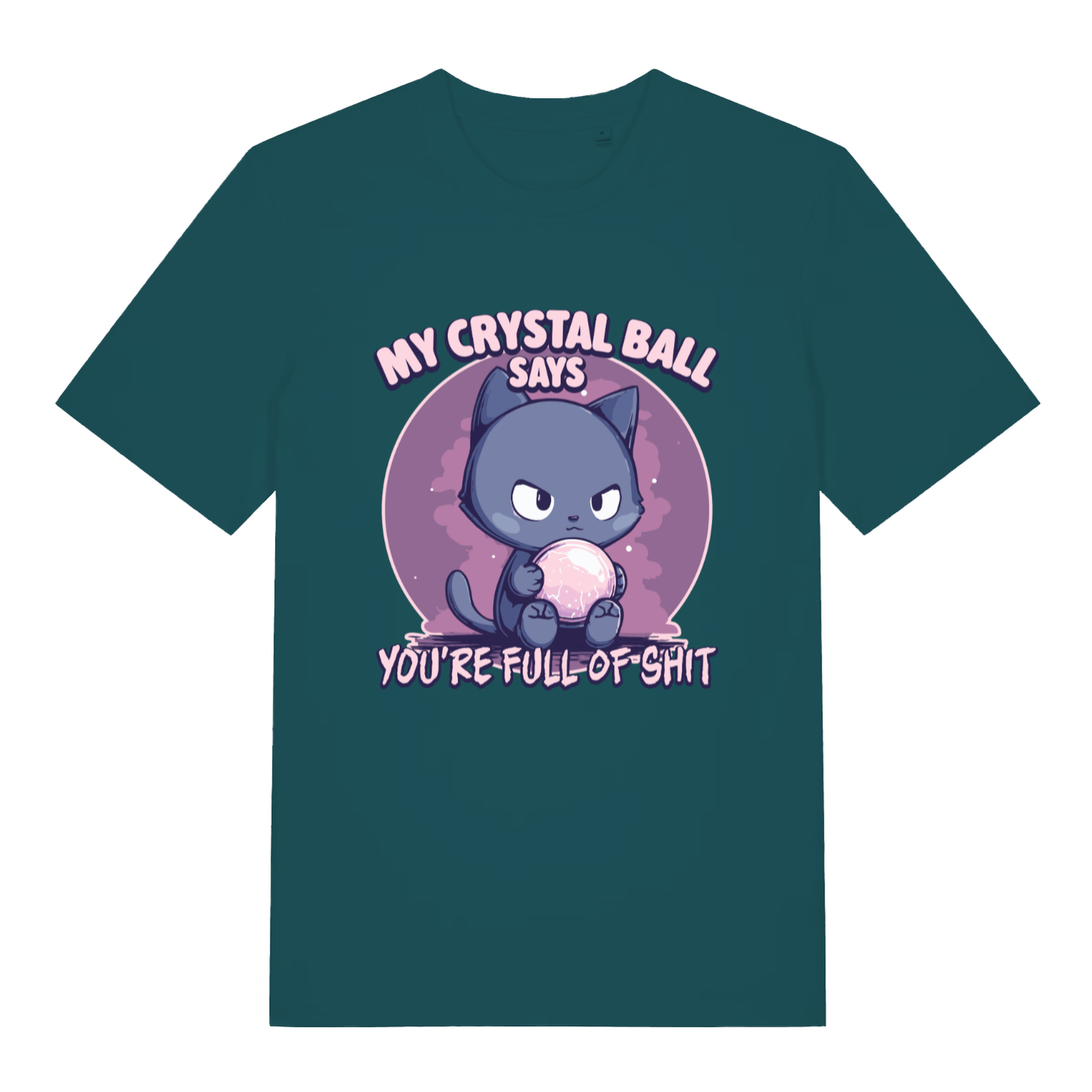 Stargazer women's Crystal Ball T-shirt flat lay with dark cute crystal ball cat pun tee