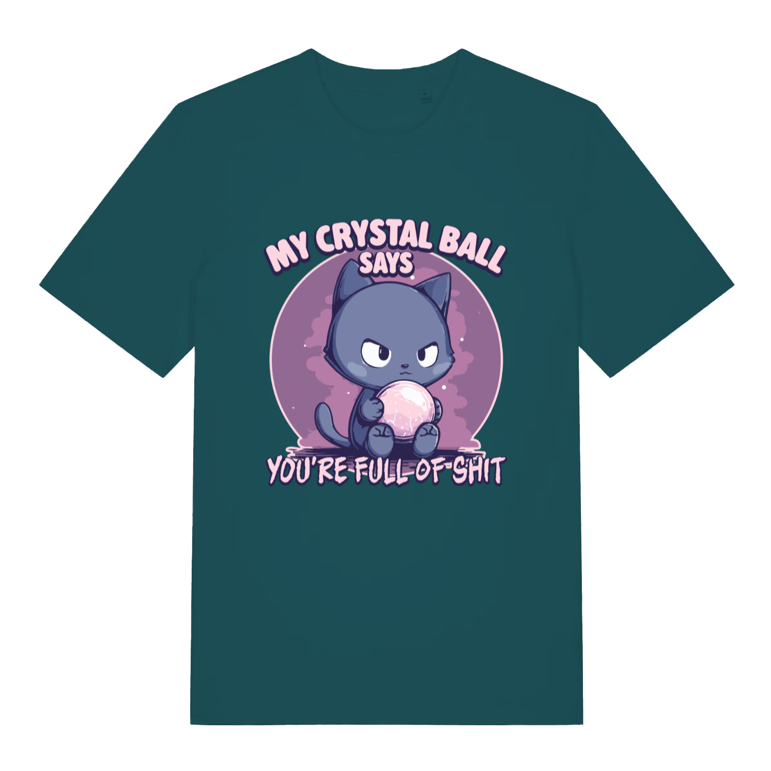 Stargazer women's Crystal Ball T-shirt flat lay with dark cute crystal ball cat pun tee
