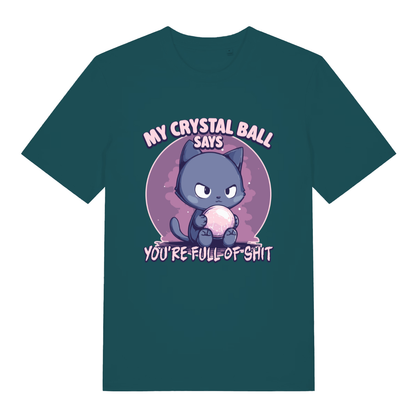 Stargazer women's Crystal Ball T-shirt flat lay with dark cute crystal ball cat pun tee