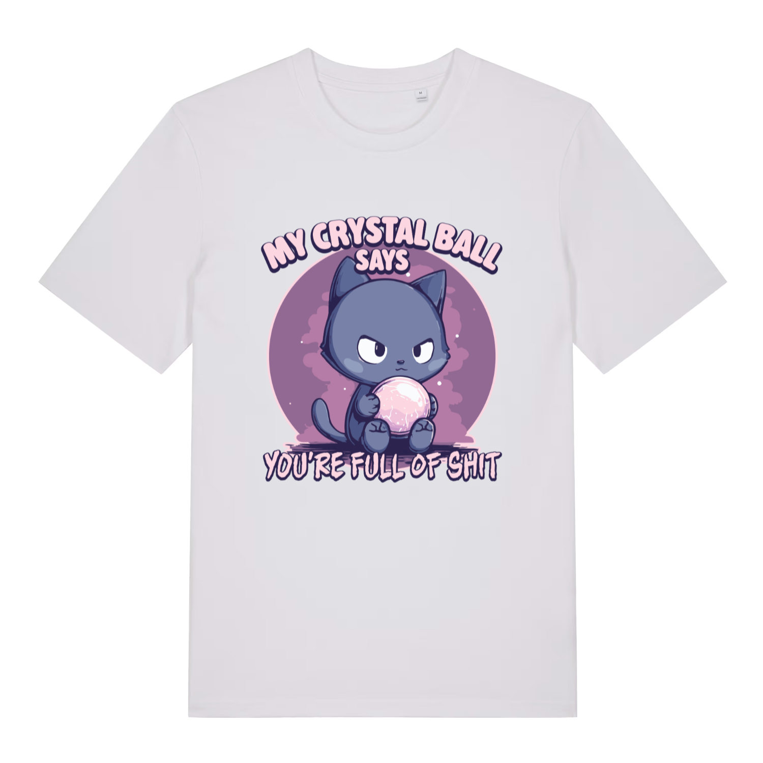 White women's Crystal Ball T-shirt flat lay featuring clean grumpy black cat crystal ball design