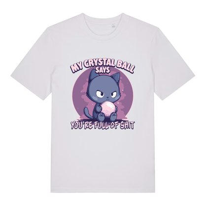 White women's Crystal Ball T-shirt flat lay featuring clean grumpy black cat crystal ball design