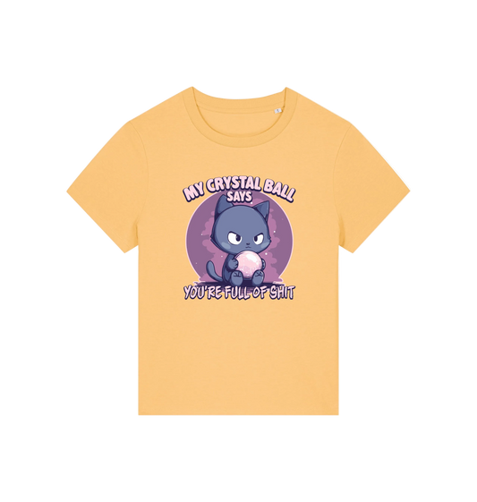 yellow funny offensive t-shirt with the graphic of a cat holding a crystal ball and the slogan 'my crystal ball says your full of shit'