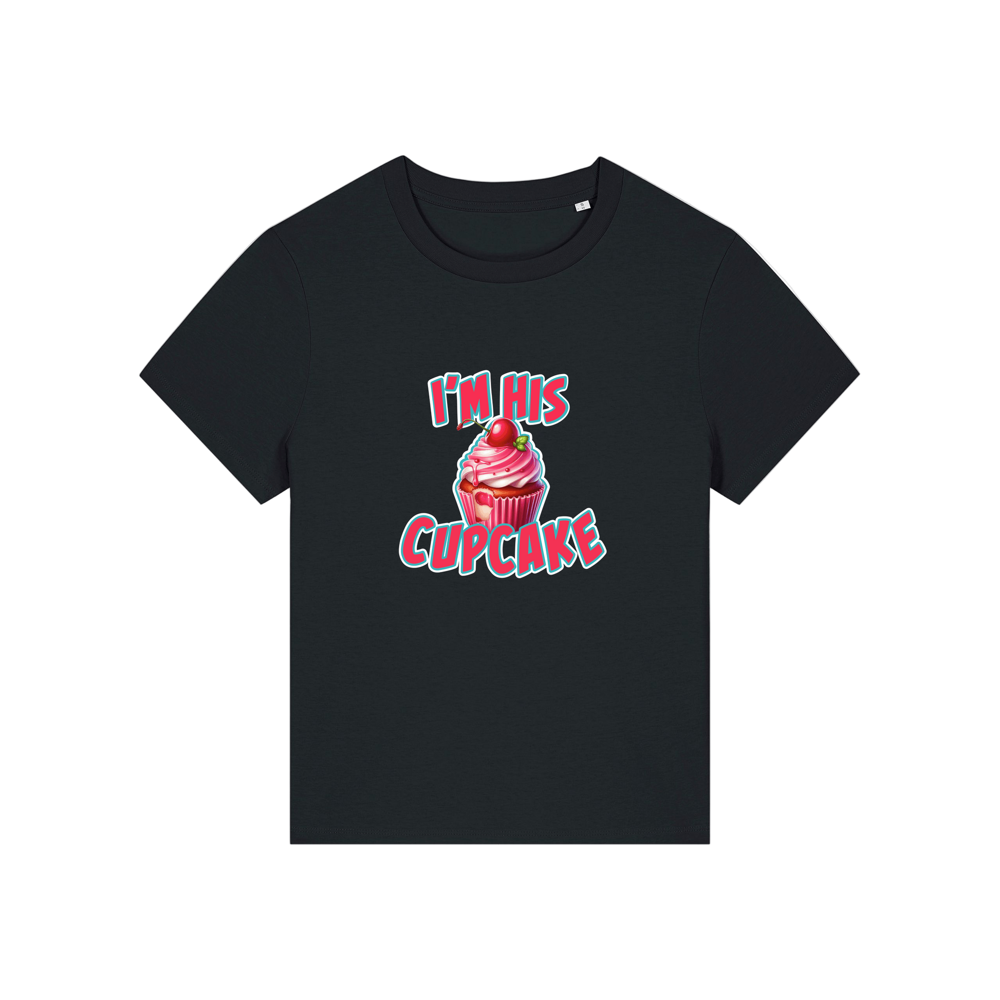 black matching t-shirt with the graphic of a muffin and the slogan 'i'm his cupcake'