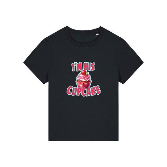 black matching t-shirt with the graphic of a muffin and the slogan 'i'm his cupcake'