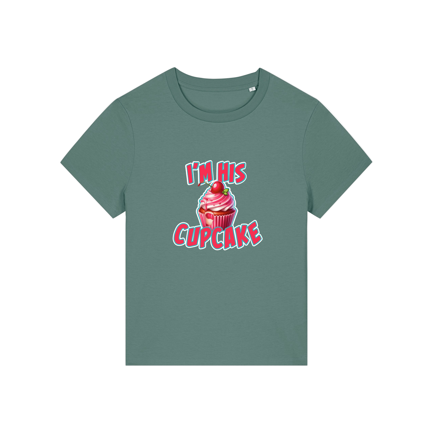 green matching t-shirt with the graphic of a muffin and the slogan 'i'm his cupcake'
