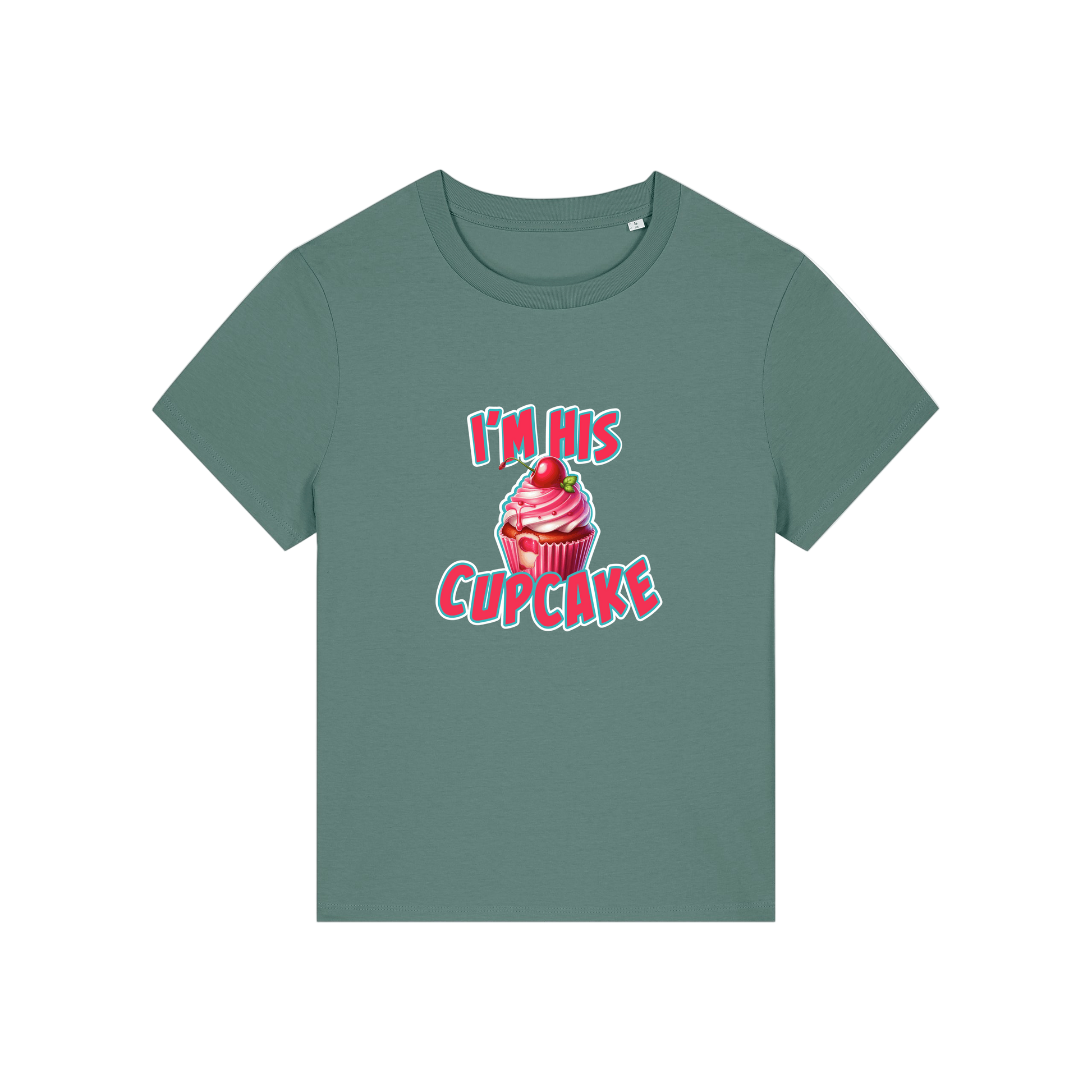 green matching t-shirt with the graphic of a muffin and the slogan 'i'm his cupcake'