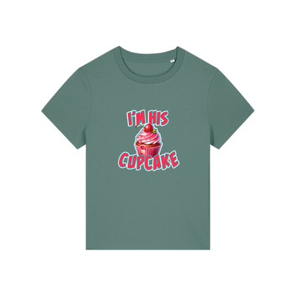 green matching t-shirt with the graphic of a muffin and the slogan 'i'm his cupcake'