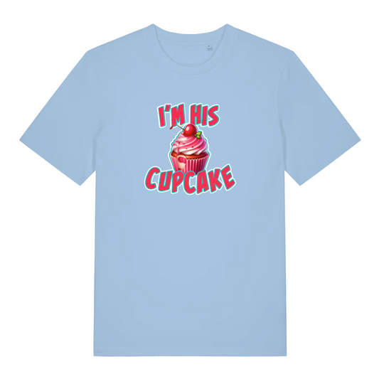 light blue women's matching t-shirt with the graphic of a cupcake and the slogan 'i'm his cupcake'