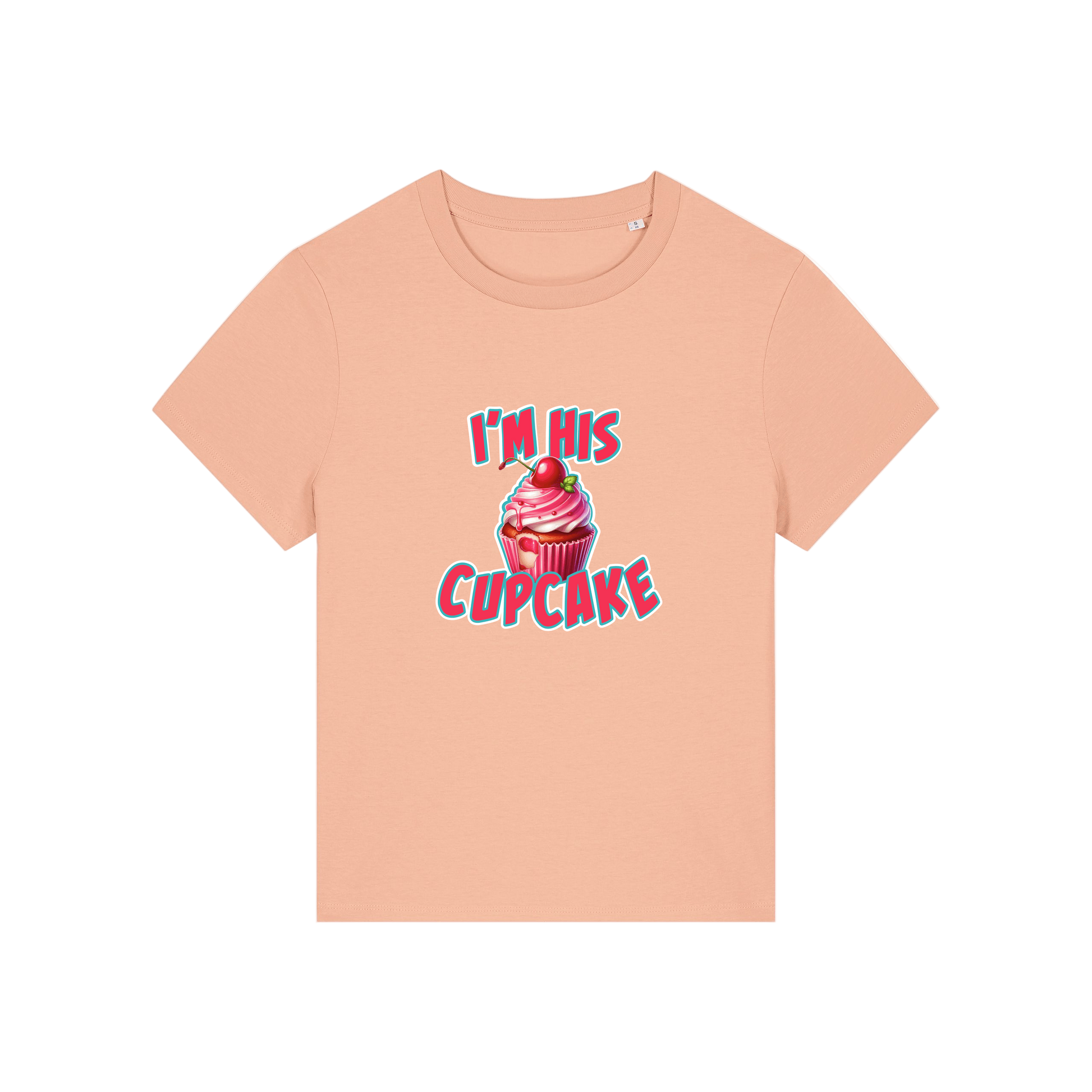 peach matching t-shirt with the graphic of a muffin and the slogan 'i'm his cupcake'