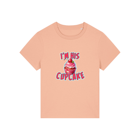 peach matching t-shirt with the graphic of a muffin and the slogan 'i'm his cupcake'
