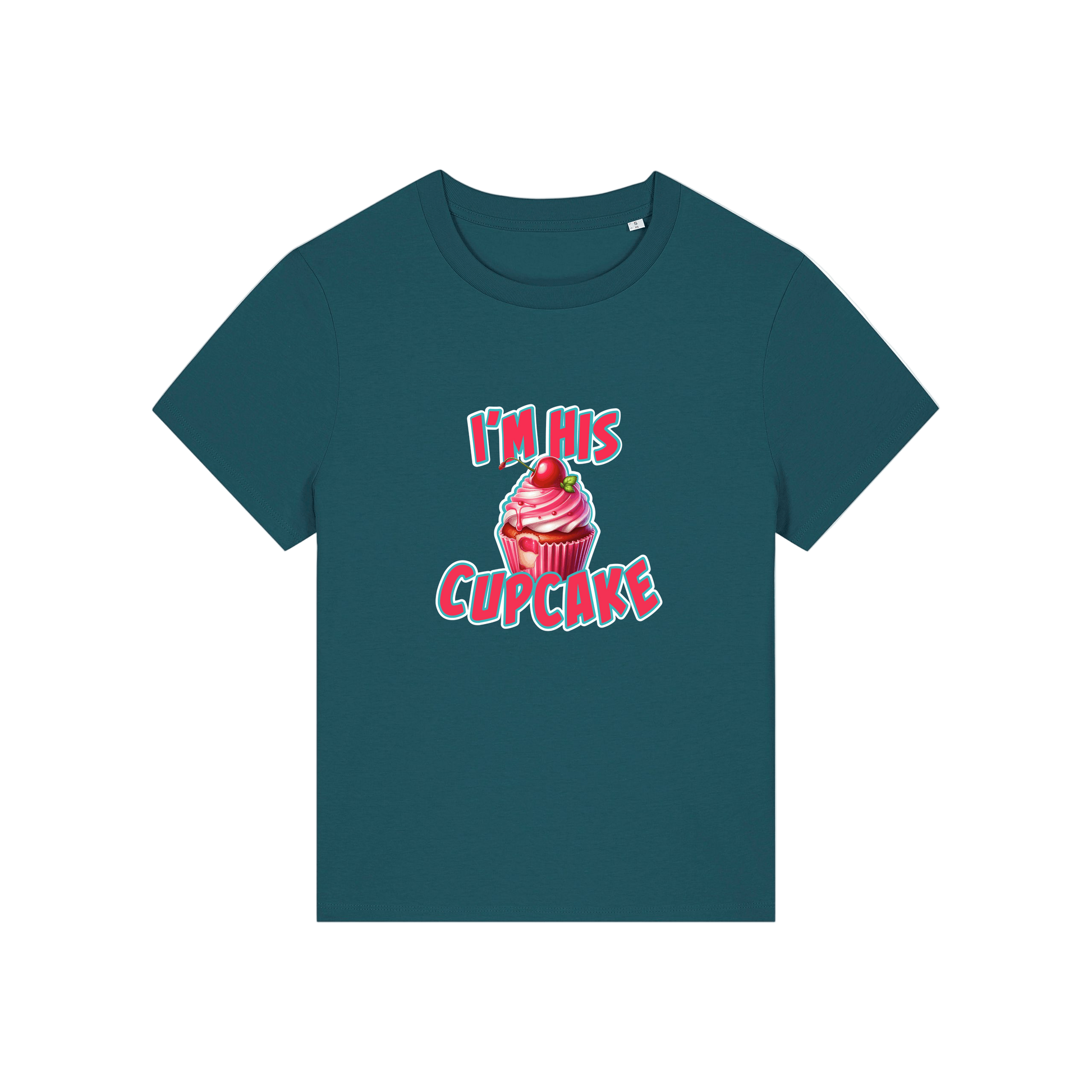 teal matching t-shirt with the graphic of a muffin and the slogan 'i'm his cupcake'