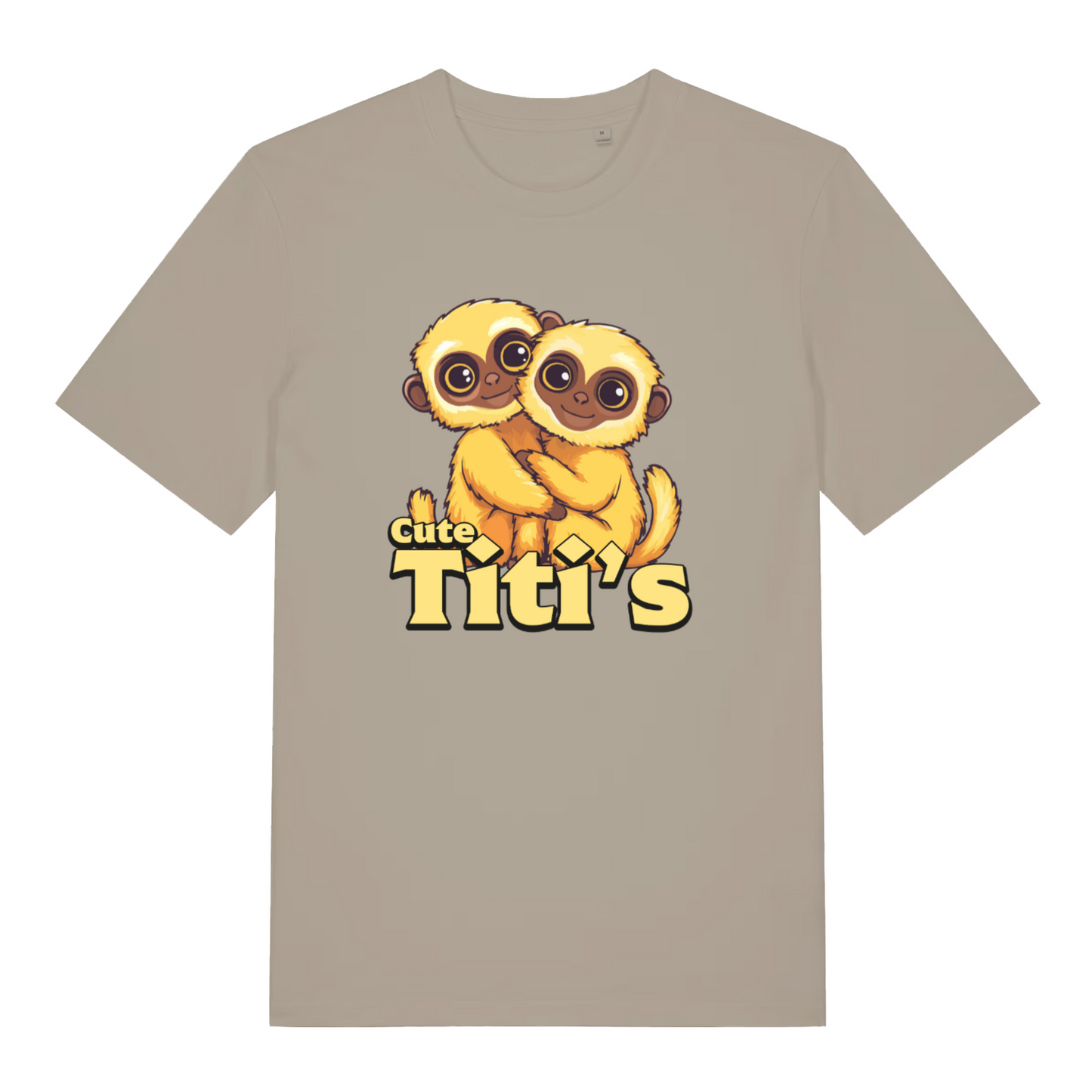 Beige Cute Titi's T-shirt flat lay with adorable hugging baby monkeys kawaii graphic