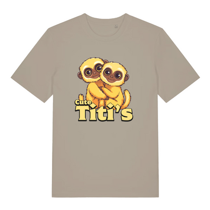 Beige Cute Titi's T-shirt flat lay with adorable hugging baby monkeys kawaii graphic