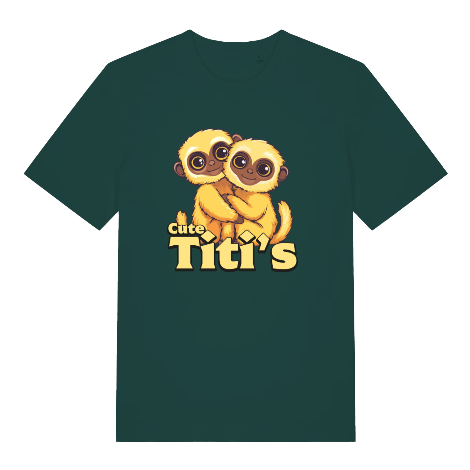 Green Cute Titi's T-shirt flat lay featuring cute yellow monkeys cuddle design