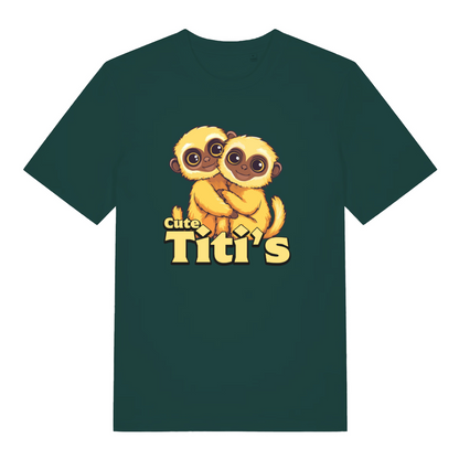 Green Cute Titi's T-shirt flat lay featuring cute yellow monkeys cuddle design