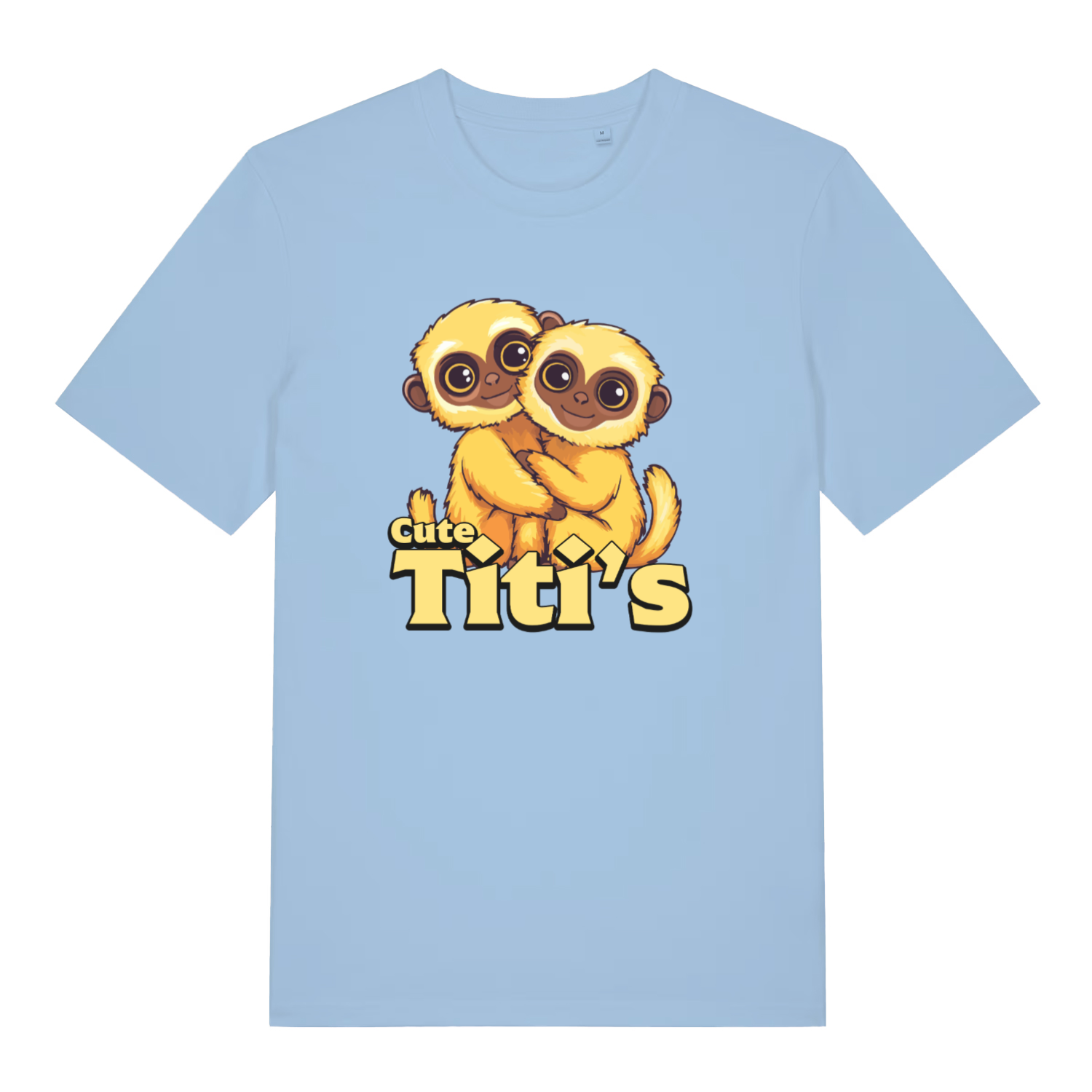 Light blue Cute Titi's T-shirt flat lay showing sweet monkey pair illustration