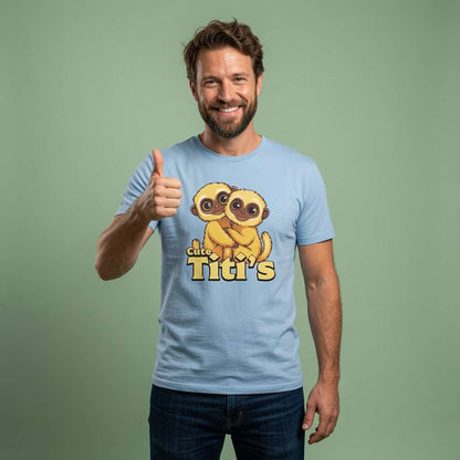 Man in light blue Cute Titi's tee, funny witty mens animal pun gift