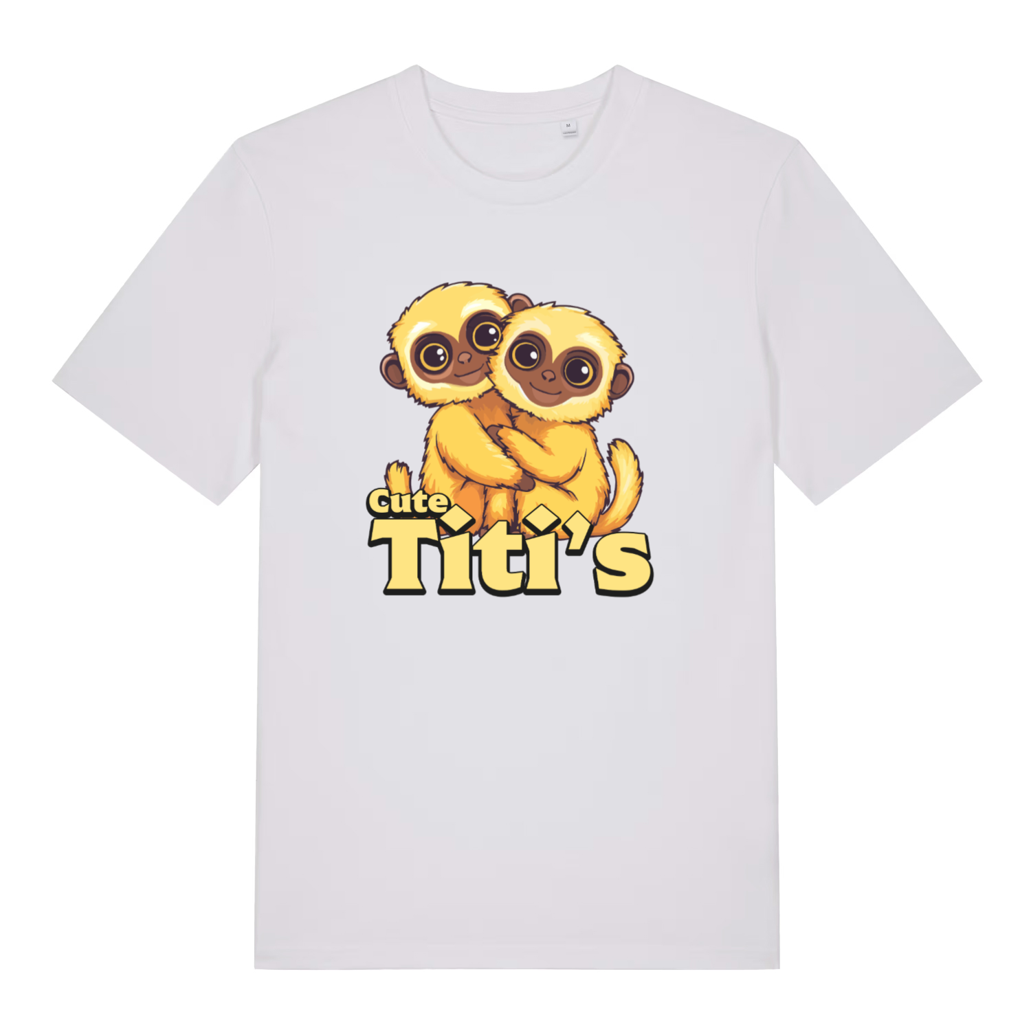 White Cute Titi's T-shirt flat lay with clean kawaii monkeys hugging graphic