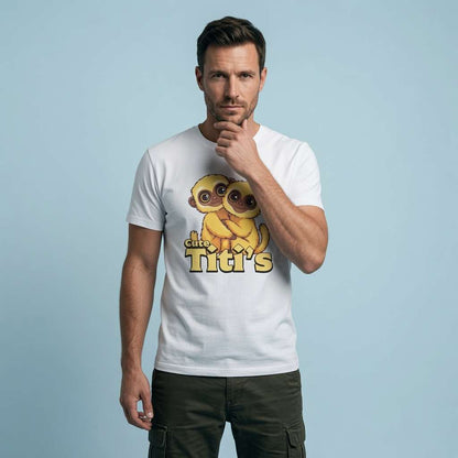 Man in white Cute Titi's t-shirt, mens cheeky fun kawaii monkey shirt