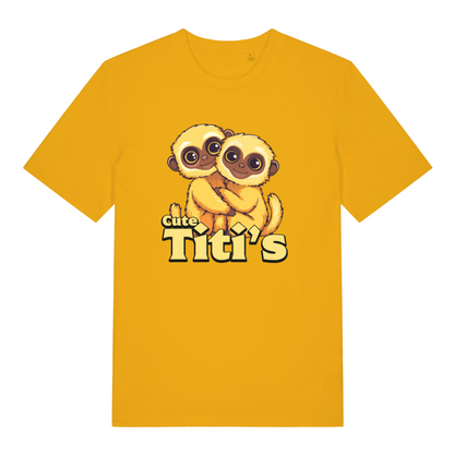Yellow Cute Titi's T-shirt flat lay displaying vibrant adorable titi's monkey pun tee
