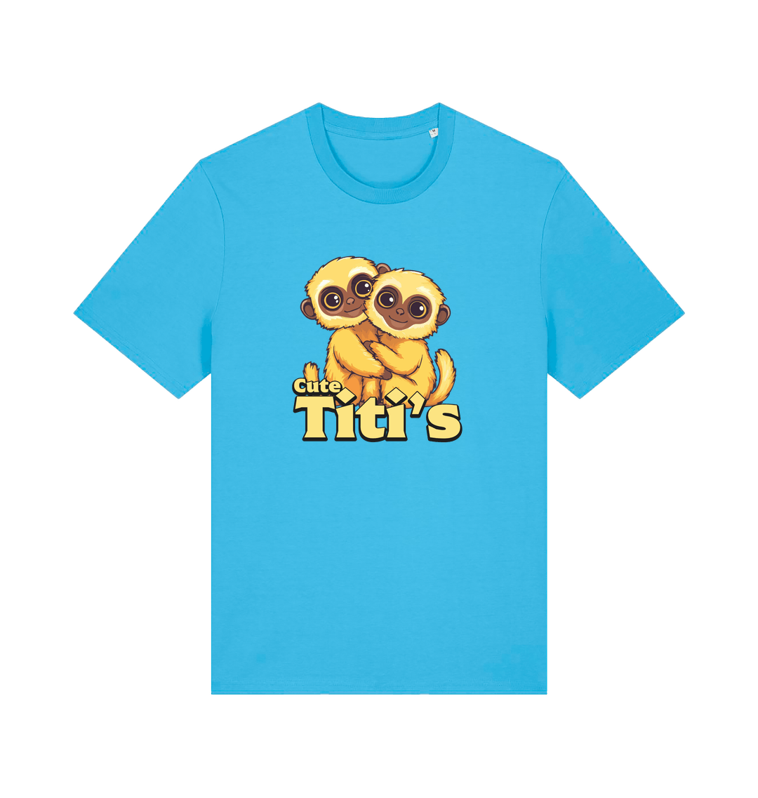Blue animal t-shirt with cartoon baby monkeys and 'Cute Titi's' text 