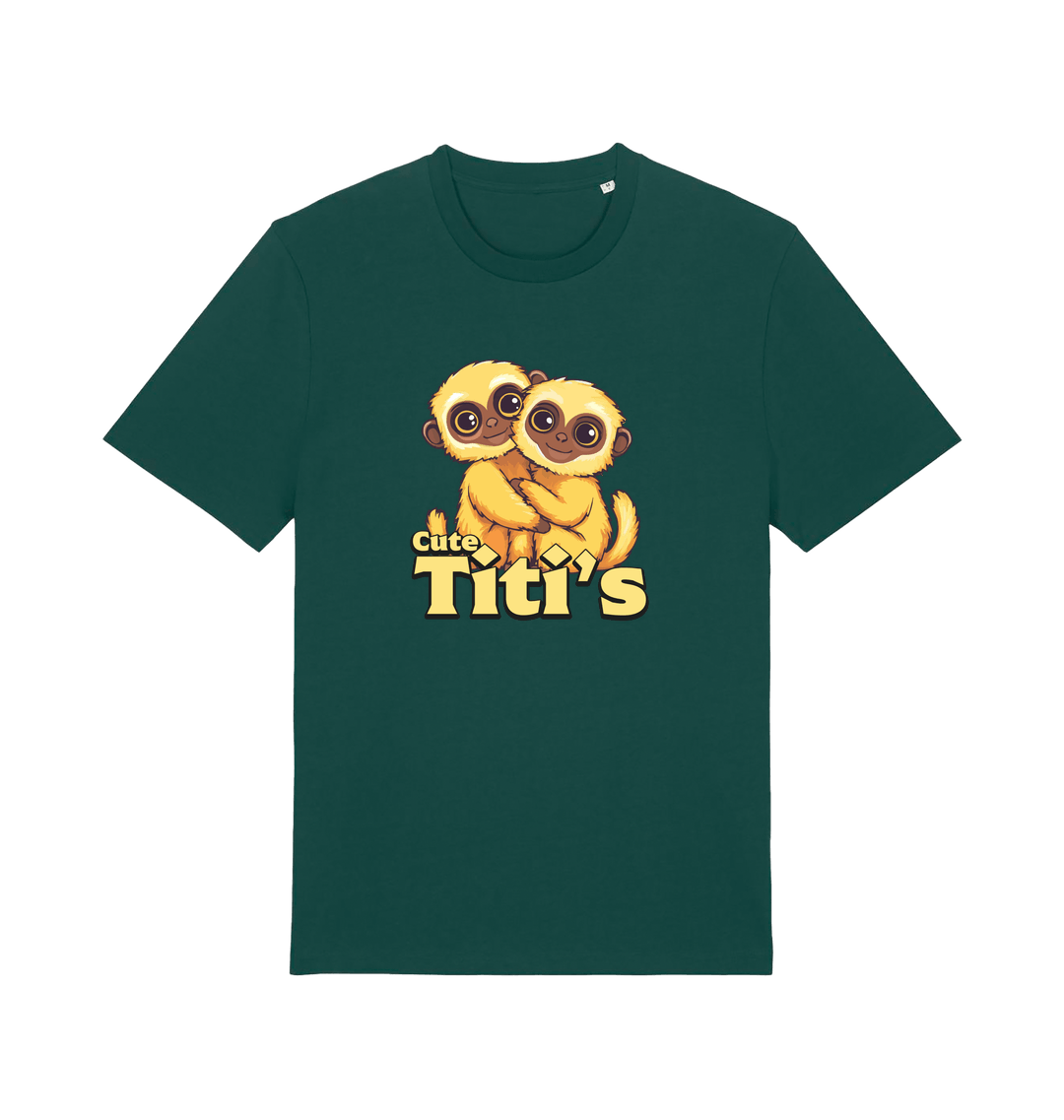 green animal t-shirt with cartoon baby monkeys and 'Cute Titi's' text 