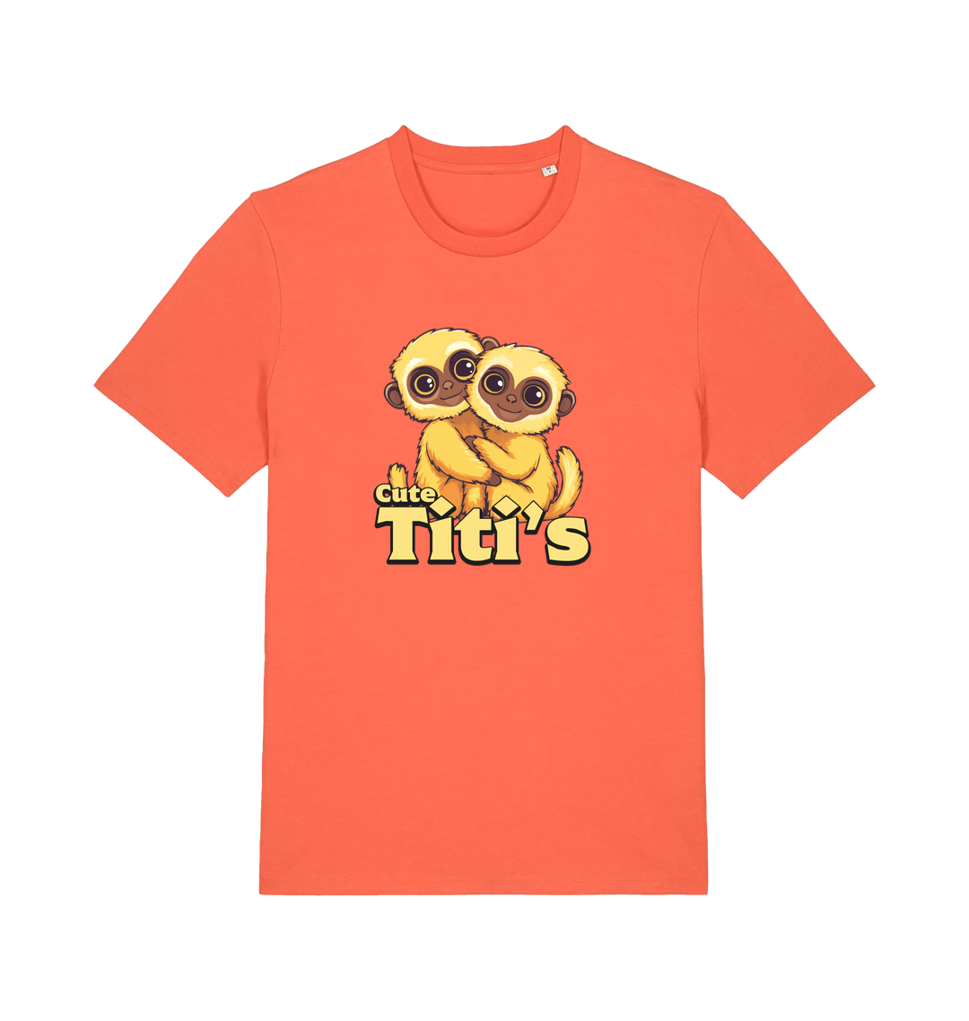 orange animal t-shirt with cartoon baby monkeys and 'Cute Titi's' text 
