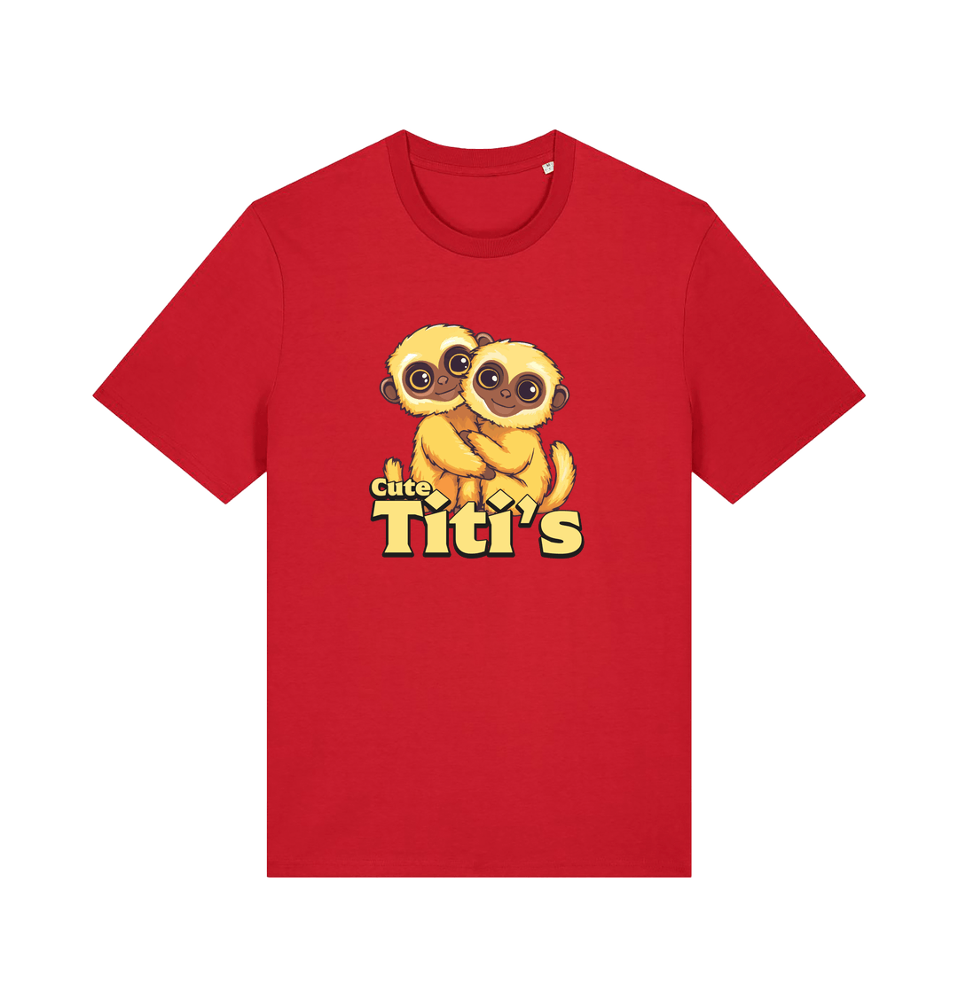 red animal t-shirt with cartoon baby monkeys and 'Cute Titi's' text 