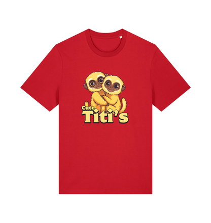 red animal t-shirt with cartoon baby monkeys and 'Cute Titi's' text 