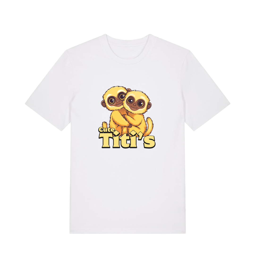white animal t-shirt with cartoon baby monkeys and 'Cute Titi's' text 