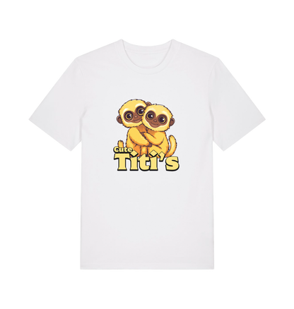 white animal t-shirt with cartoon baby monkeys and 'Cute Titi's' text 