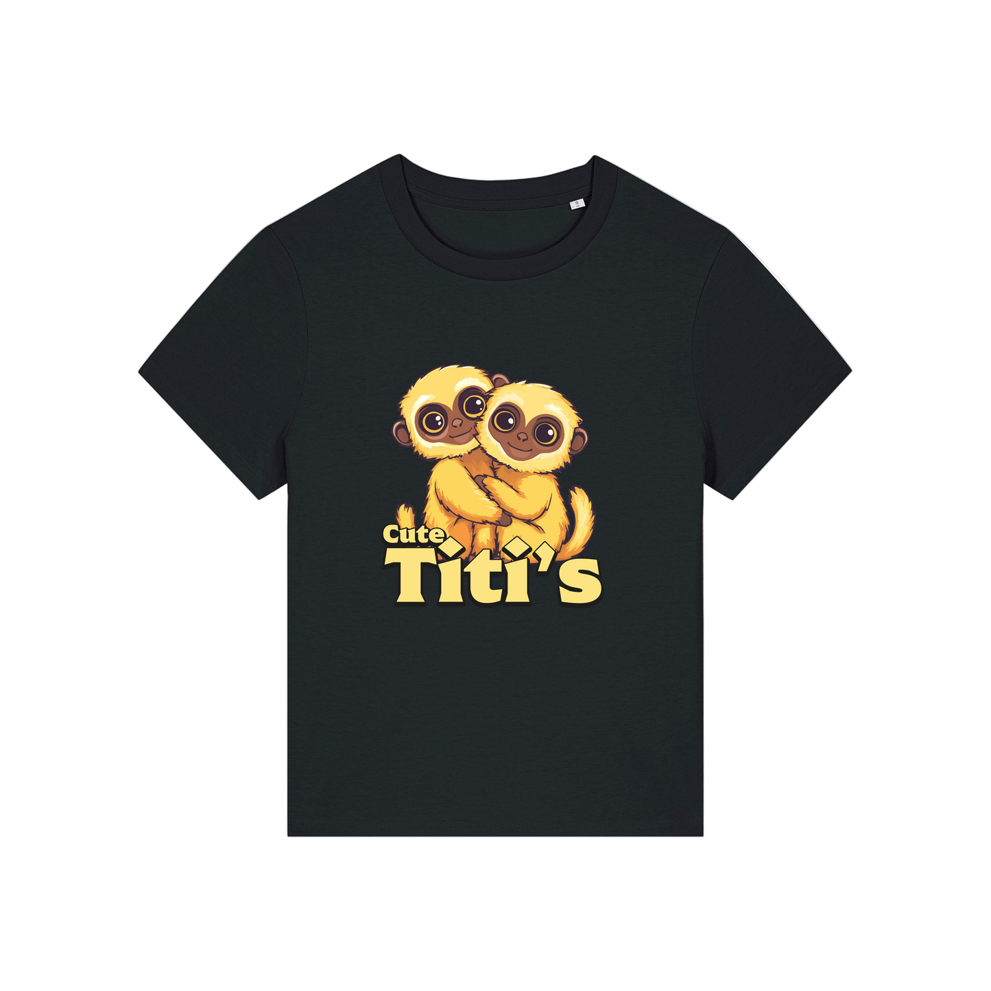 black kawaii t-shirt with the graphic of two little monkey's on and the slogan 'cute titis'