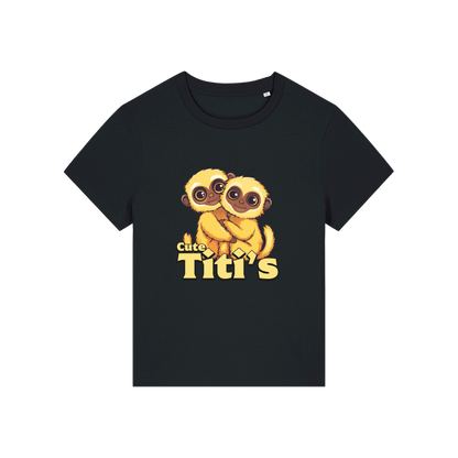 black kawaii t-shirt with the graphic of two little monkey's on and the slogan 'cute titis'