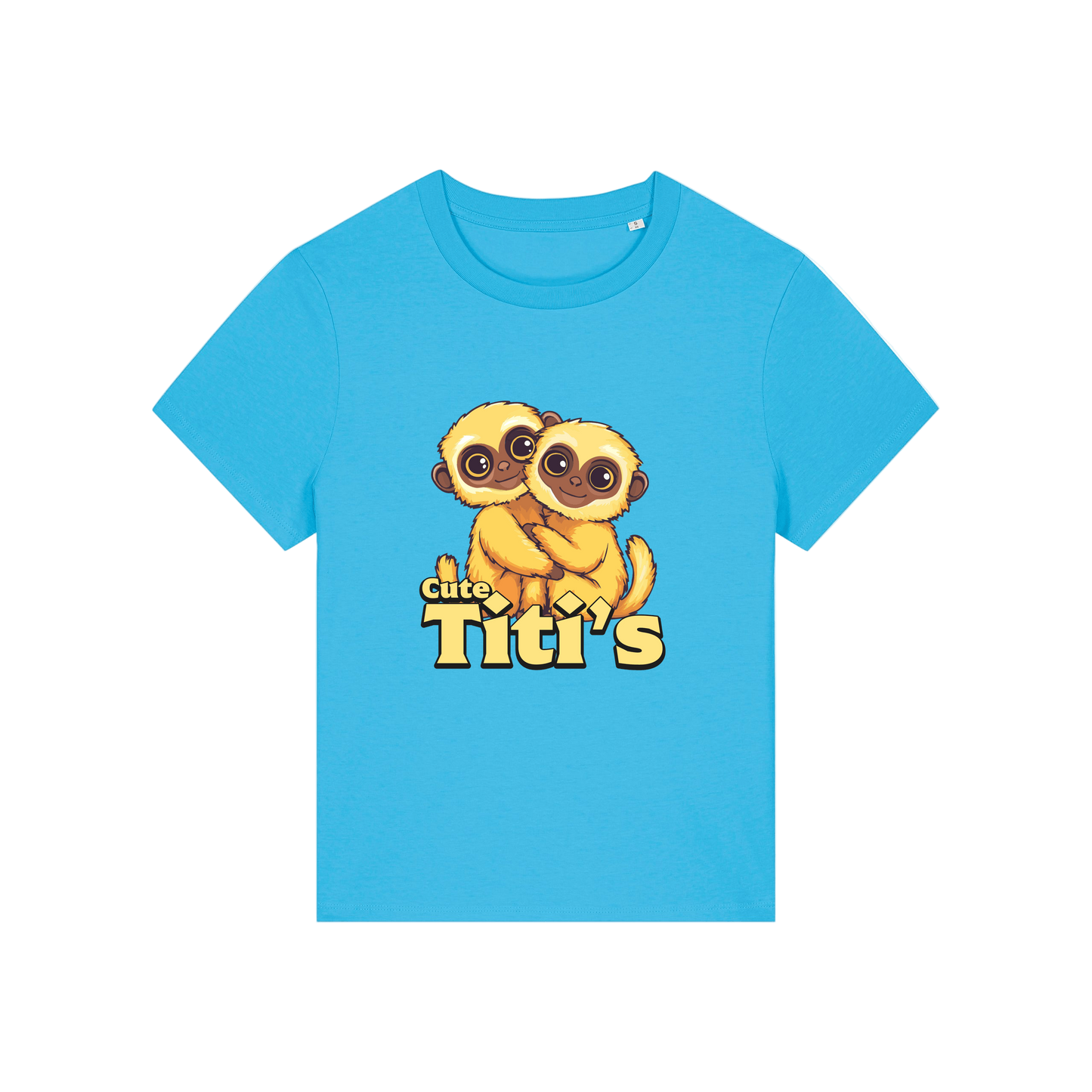 blue kawaii t-shirt with the graphic of two little monkey's on and the slogan 'cute titis'