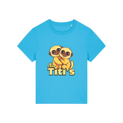 blue kawaii t-shirt with the graphic of two little monkey's on and the slogan 'cute titis'
