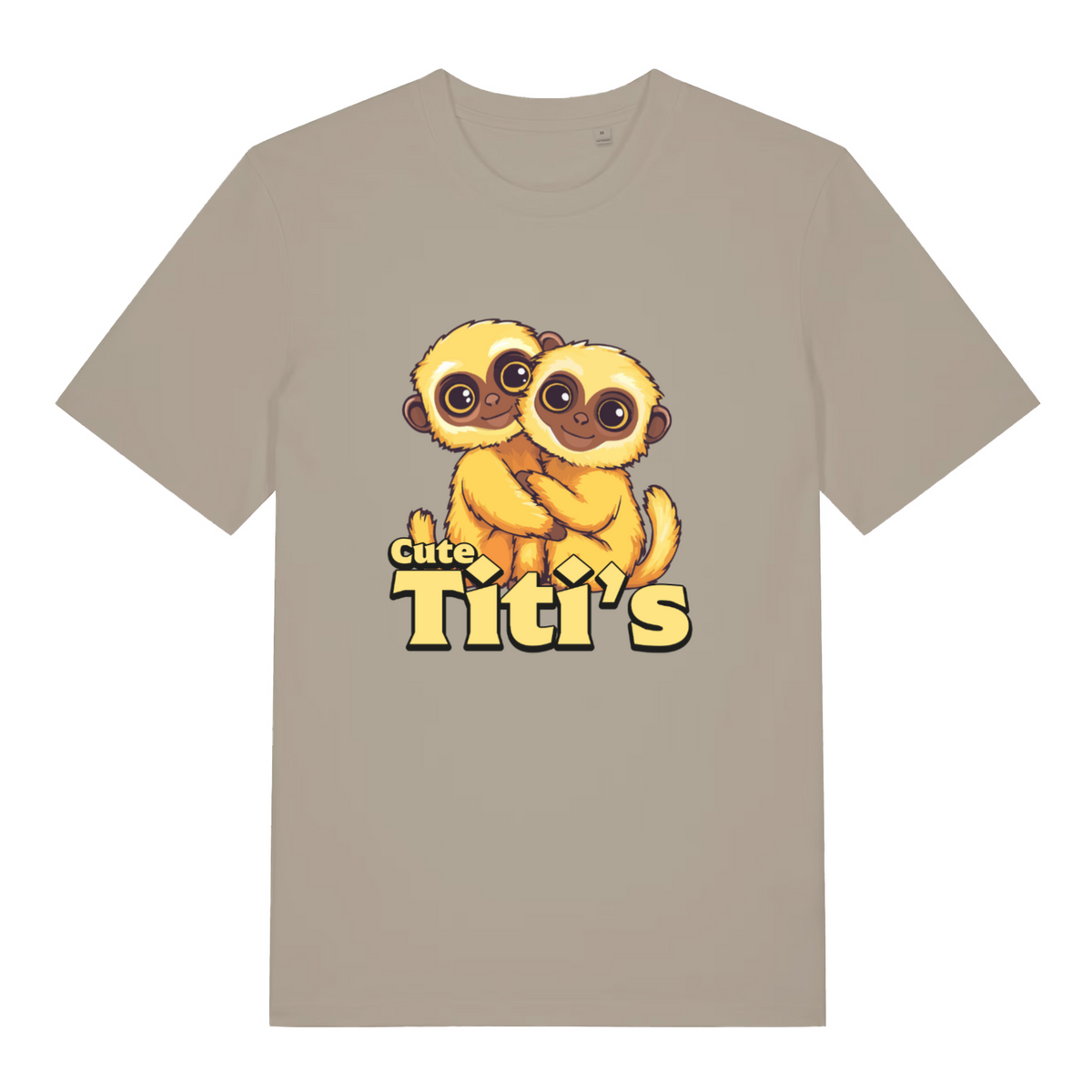 Beige women's Cute Titi's T-shirt flat lay with adorable hugging baby monkeys kawaii graphic